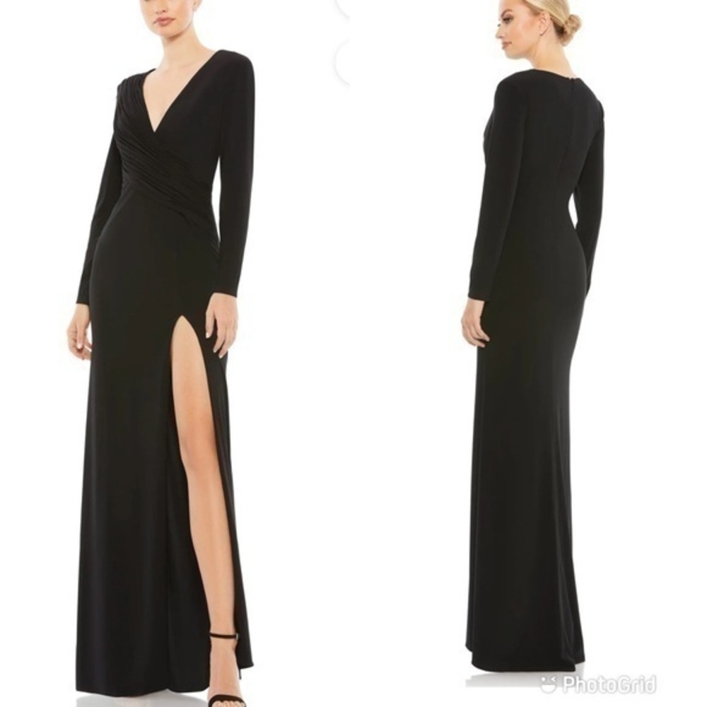 New ▶️ Mac Duggal ◀️ LONG SLEEVE JERSEY ASYMMETRICAL RUCHED GOWN Black 26686